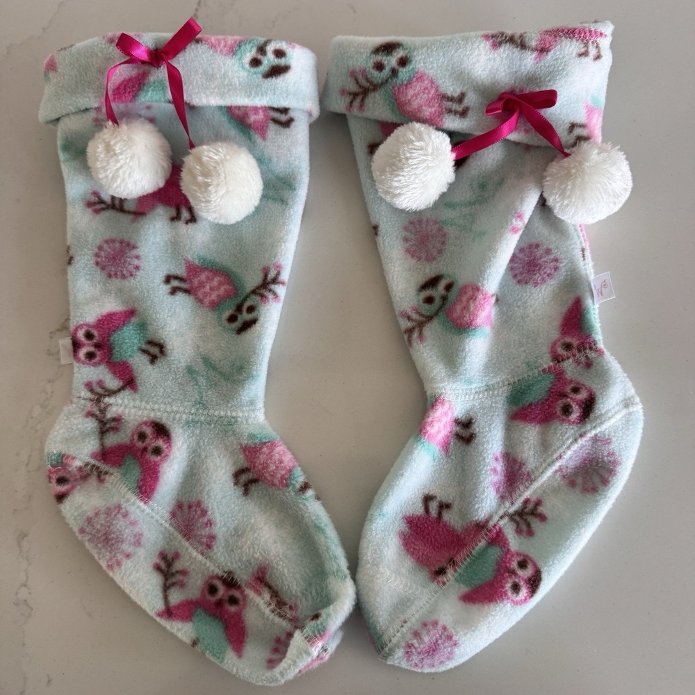 American Girl Owl Fleece Slipper Socks Girls Size 8/9 Blue Pink Pom Pom Cozy